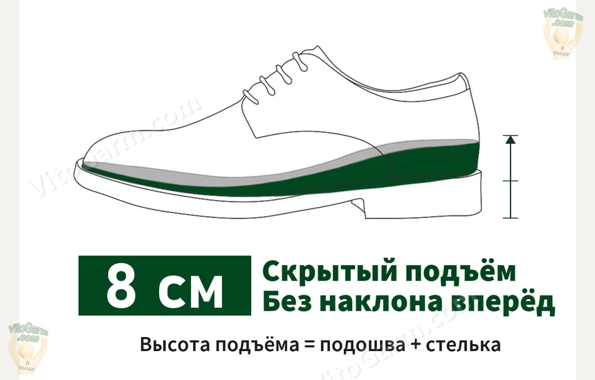 Скрытый подъём 8 см без наклона вперёд: подошва и стелька
