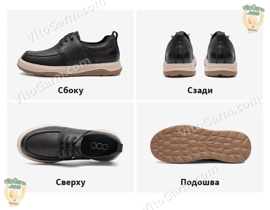 Чёрные туфли сбоку, сзади, сверху и подошва