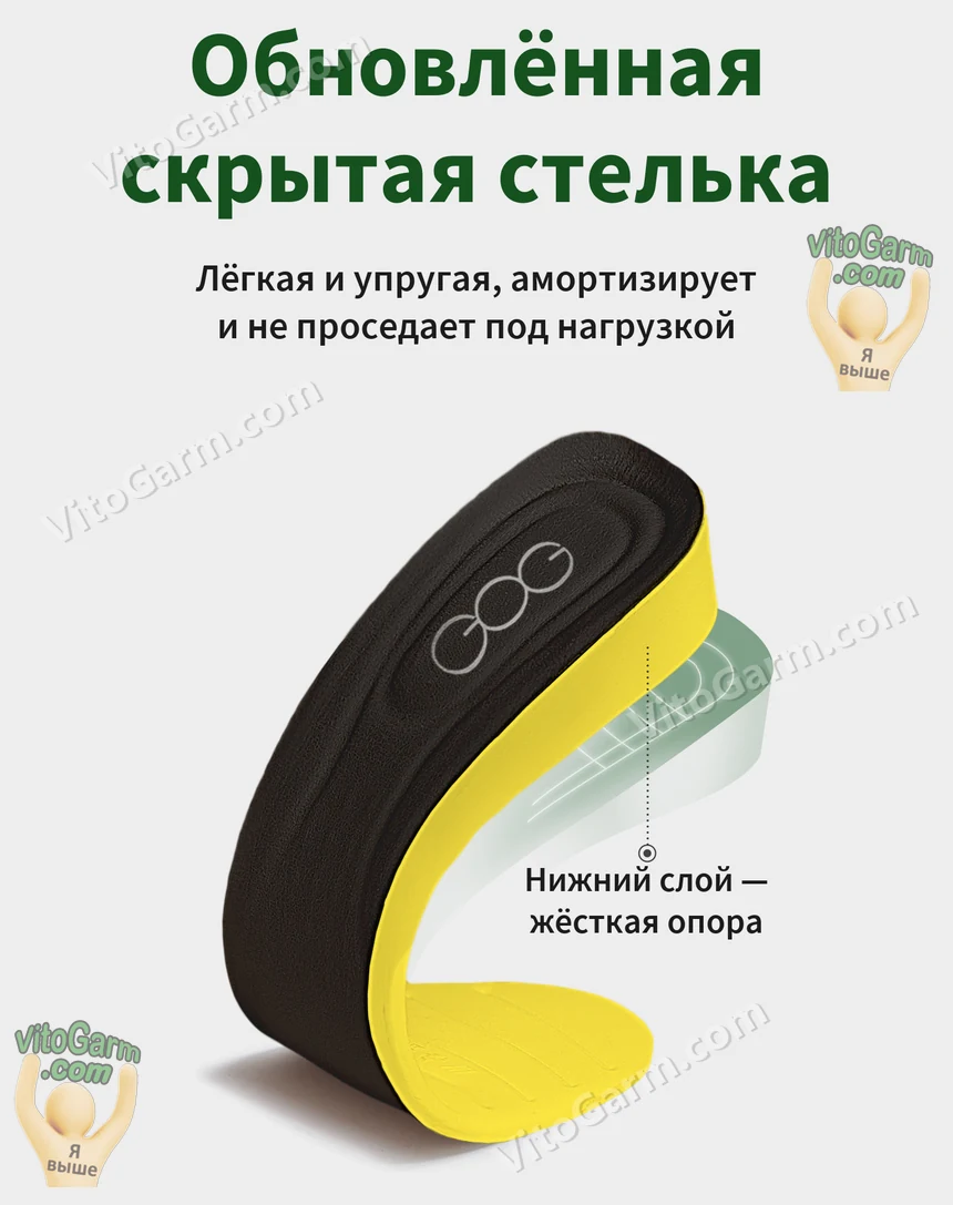 Скрытая стелька, увеличивающая рост: лёгкая, упругая, с жёстким нижним слоем