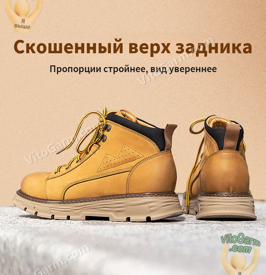 Рыжие ботинки сбоку и сзади: скошенный верх задника