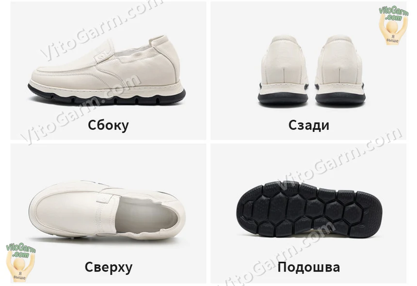 Молочные туфли сбоку, сзади, сверху и подошва